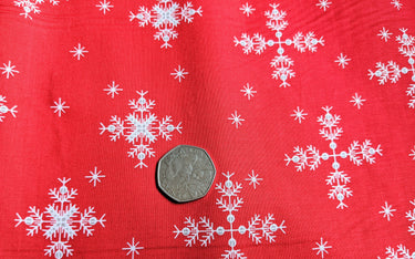 Red Cotton Fabric With White Snowflakes Christmas Fabric, Festive Fabric, Holiday Fabric
